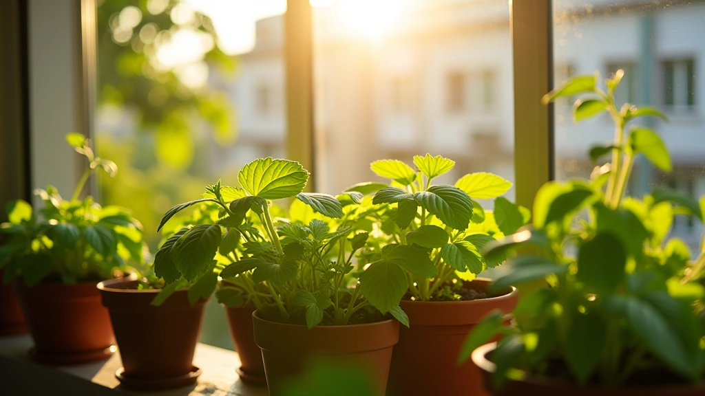 Lush green herbs and vegetables growing on a sunny Vilnius balcony with morning light