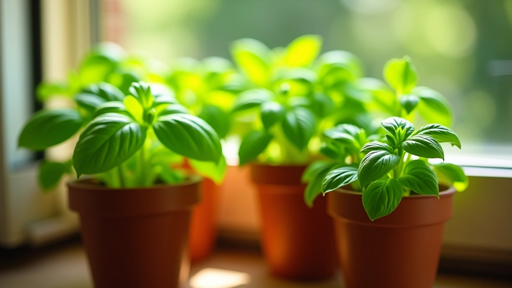 Basil and parsley herbs in containers on a sunny balcony
