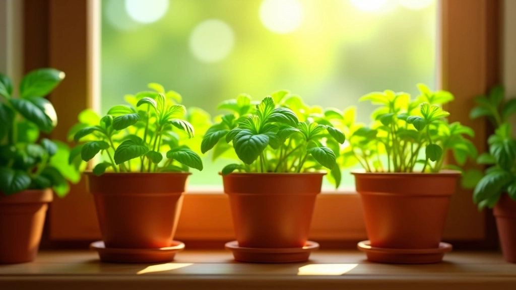 Fresh basil and parsley herbs growing in terracotta pots on a sunny windowsill with natural light