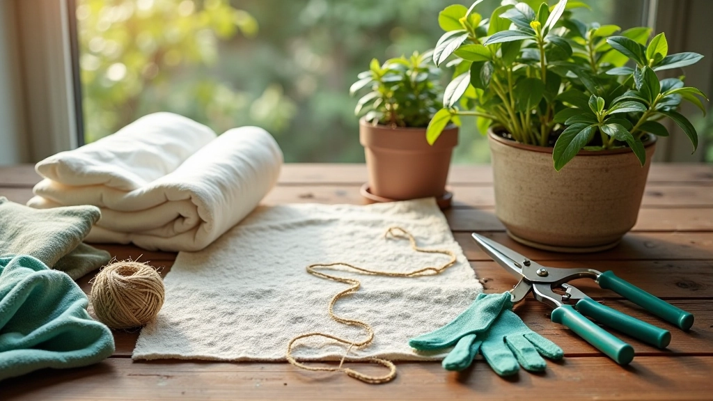 Garden frost cloth and bubble wrap materials neatly arranged on a wooden table with pruning shears and gardening gloves nearby