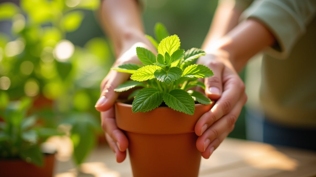 Gardener planting fresh mint in a terracotta container on a sunny balcony
