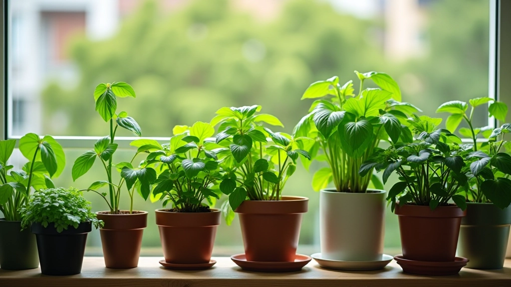 Diverse potted plants arranged on a balcony railing creating a small garden