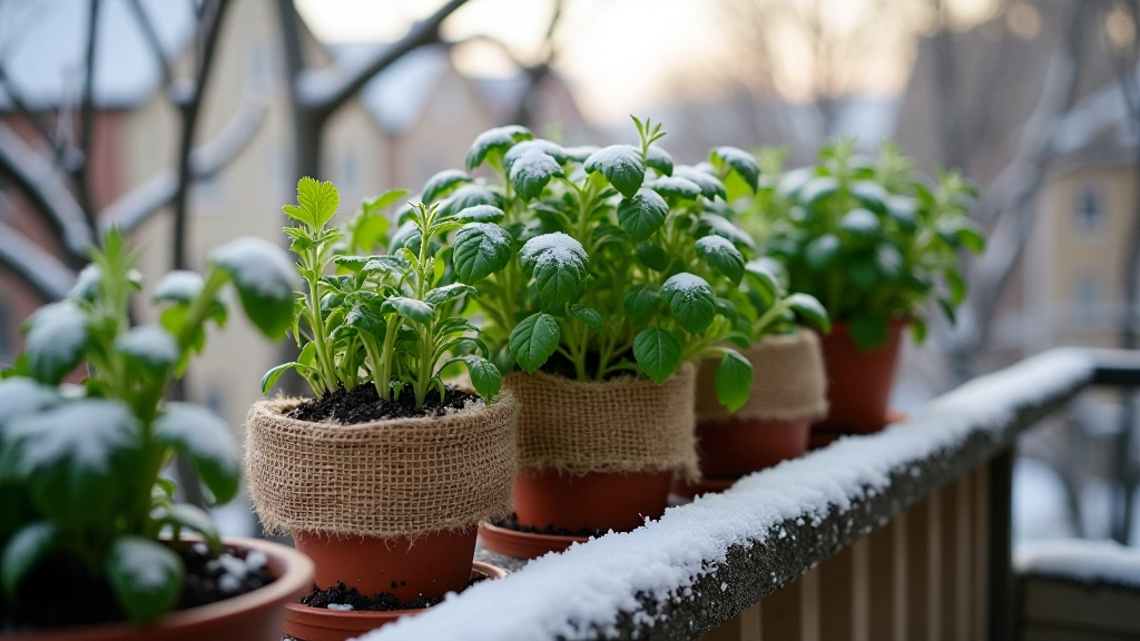 Potted herb plants wrapped in protective burlap and insulation for winter storage on a covered balcony