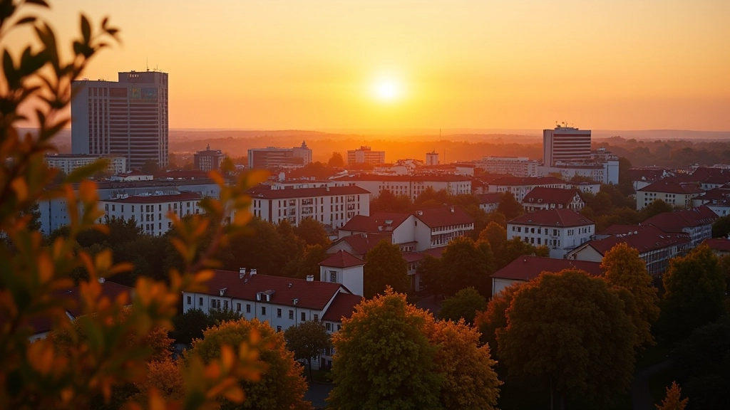Vilnius city skyline during autumn evening with warm golden light