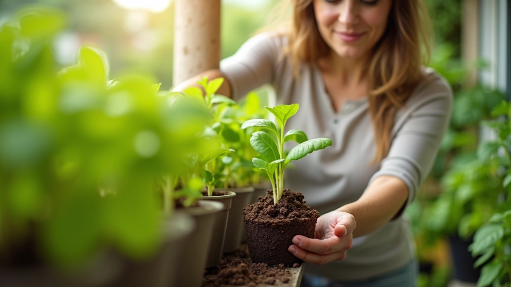 Woman checking soil moisture with finger in a pot of green basil plants on a bright balcony, potted herbs arranged in rows