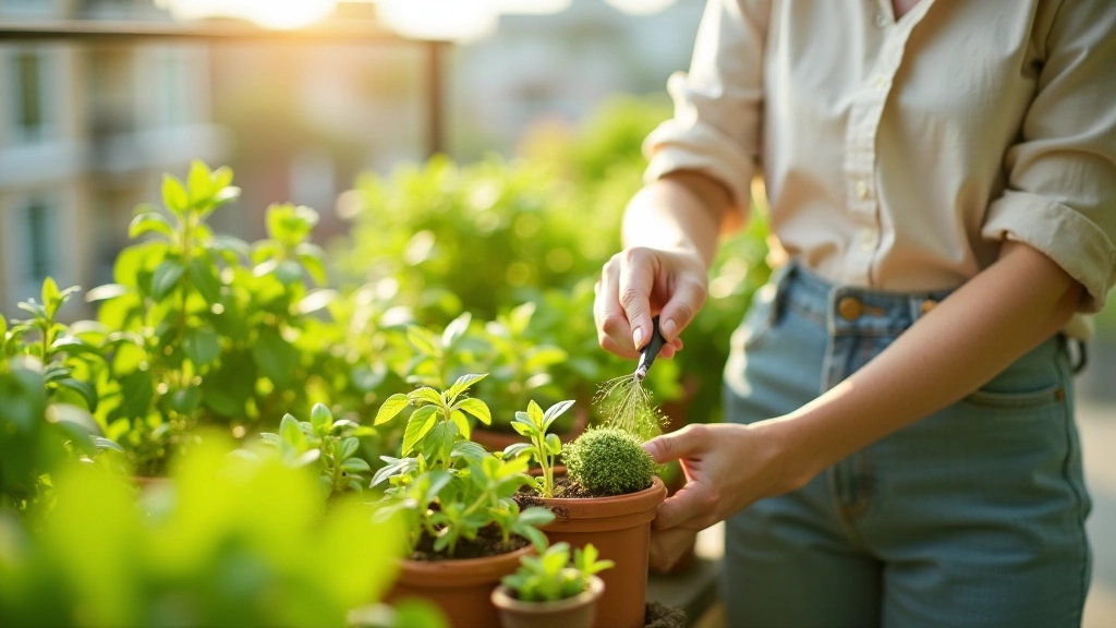 Woman tending to balcony herbs