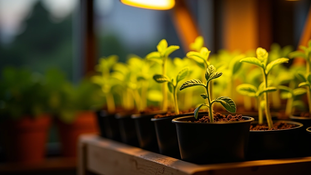 Tomato and pepper seedlings in small pots with grow lights set up on a wooden plant shelf in an apartment balcony